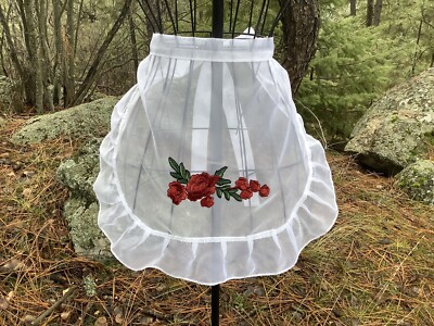 White Sheer Half Apron With Red Roses Appliqué Wedding Dance Apron