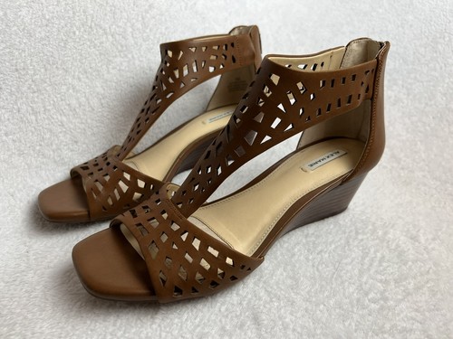 Alex Marie Heels Wedge T-Strap Sandals Leather Brown Women’s 7M Gladiator, Zip