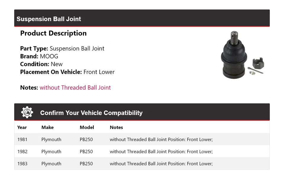 For 1981-1983 Plymouth PB250 Suspension Ball Joint Front Lower MOOG 1981 1982 - Image 2 of 4