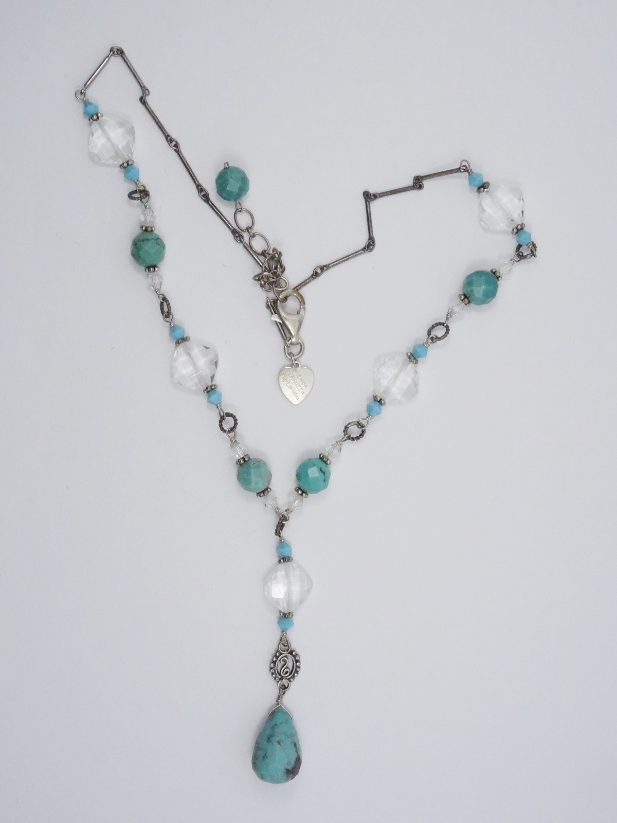 DESIGNER BRENDA PERRUZZA TURQUOISE and CRYSTAL GEMSTONE DROP NECKLACE