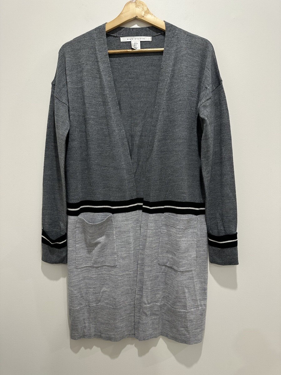 Max Studio Cardigan Womens Medium Grey Merino Wool Blend Open