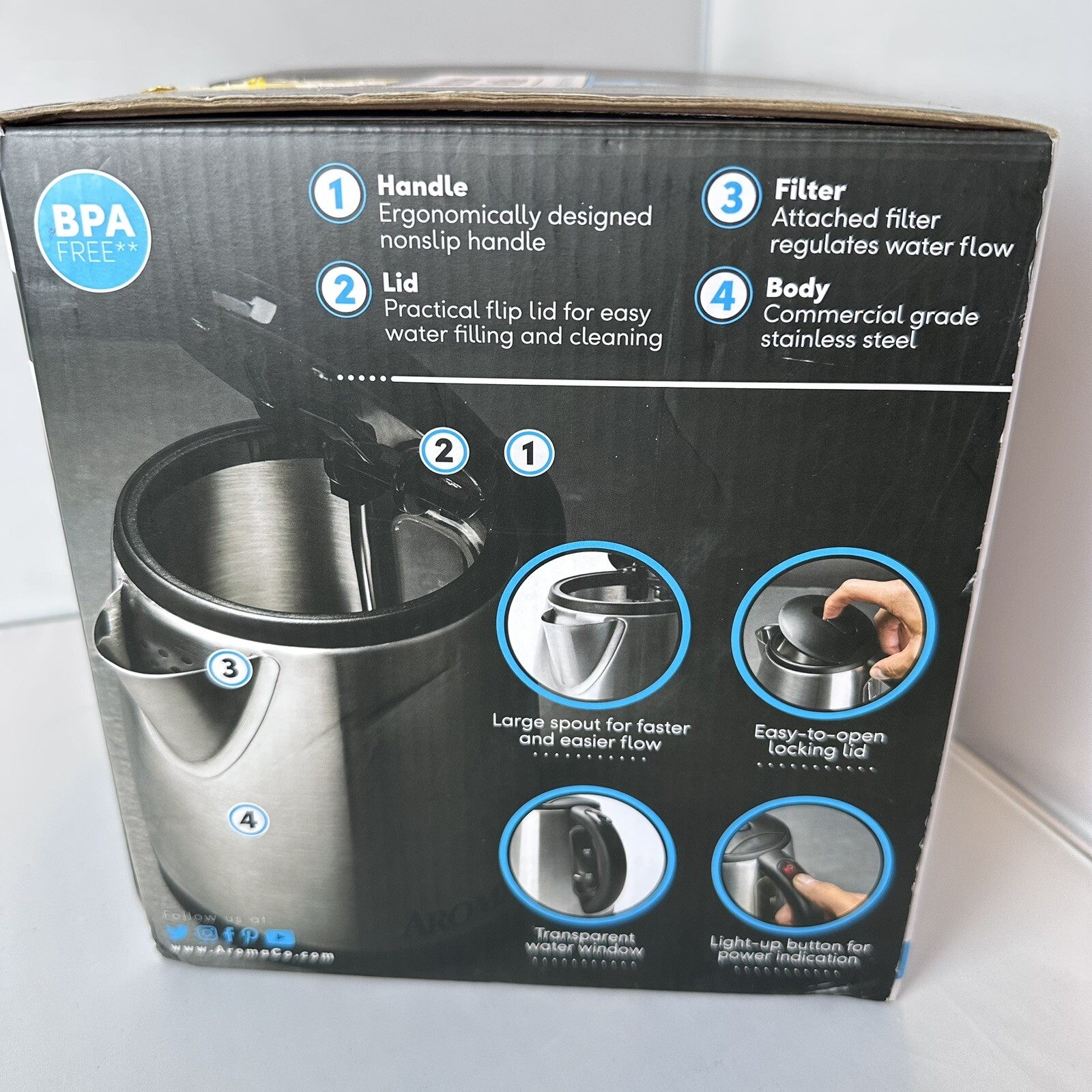 Aroma 1L Electric Water Kettle Stainless Steel Tea Coffee Rapid Boil
