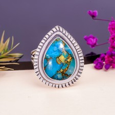 Natural Copper Blue Turquoise 925 Sterling Silver Ring Handmade Jewelry Gift.