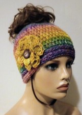 crochet womans handmade messy bun hat flower beanie puffs rainbow USA new