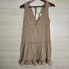 Solai The Label Dress Womens Size Large Tiered Mini Plunging V-Neck Camel Brown