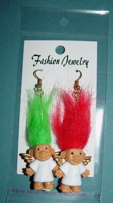 Troll Doll 1'' Russ Good Luck Christmas  Angel Green/Red Pierced Earrings  