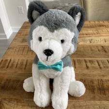 FAO Schwarz Siberian Husky Puppy Dog Plush with Turq Bow Tie Blue Eyes 12 EUC