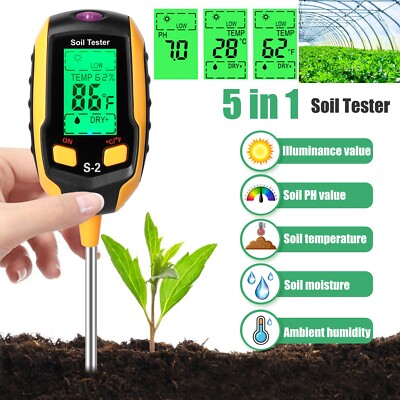 5in1 Digital PH Soil Tester LCD Moisture Plant Lawn Water Temperature Test Meter