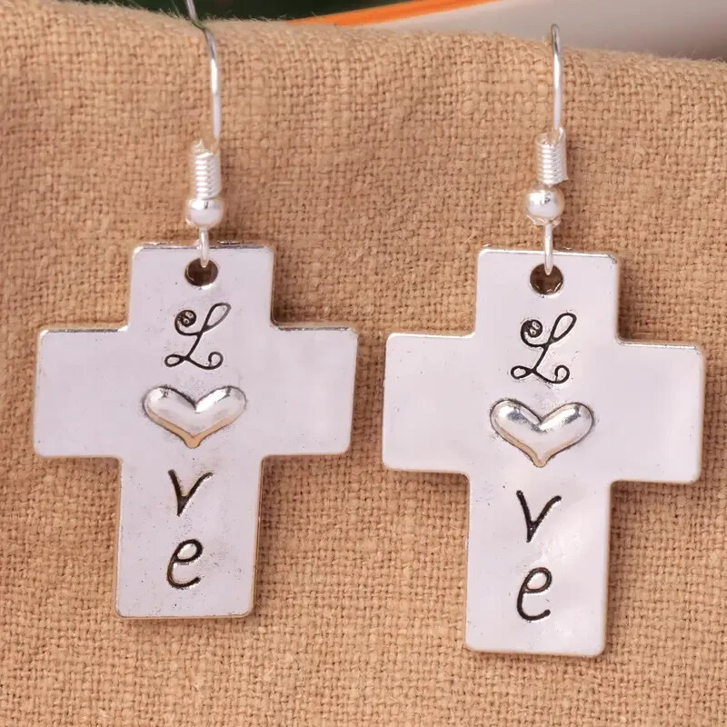 VERY CUTE NEW CROSS LOVE STERLING PLATED DANGLE FASHION EARRINGS