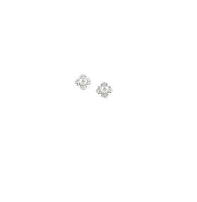 Ohrstecker simulierte Perle klar Strass Kristall Blume Rhodiniert 