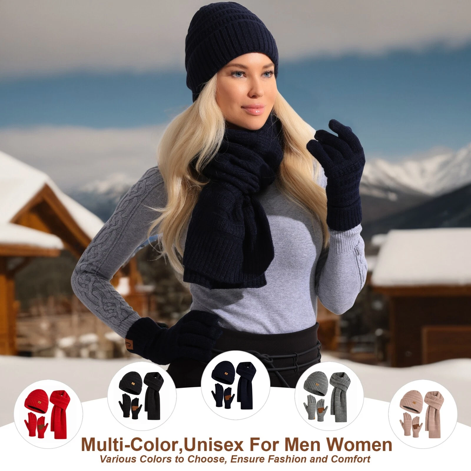 Winter Beanie Scarf Gloves Soft Knit Fleece Lined Hat Warm Gifts for Men Women