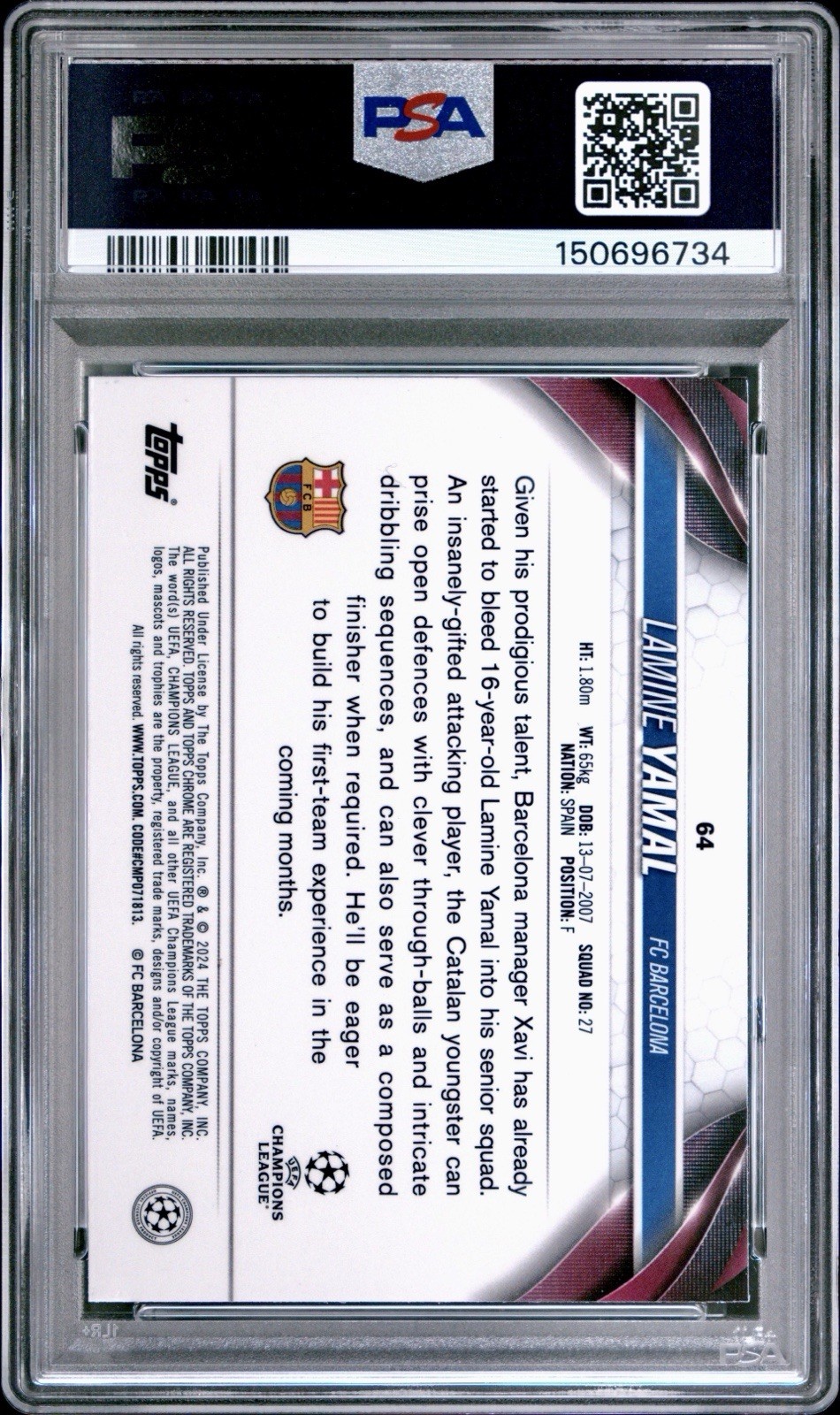 LAMINE YAMAL Rookie 2023-24 Topps Chrome UEFA Club Competitions RC #64 PSA 10 view 2