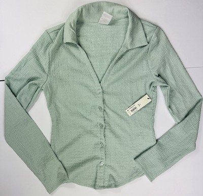 No Boundaries Textured Button Down Top Sz S Deep V-Neck 90s Office Siren NWT