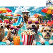 300 Piece Dog Jigsaw Puzzle Swimming Puppy Colorful Pool Party Scene Poster