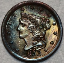 Uncirculated 1853 Braided Hair Half Cent, Razor-Sharp specimen.