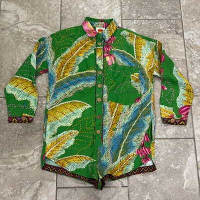 Farm Rio Green Tropical Banana Leaf Linen Romper Long Sleeve Playsuit XS