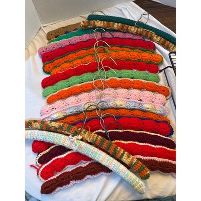 Lot of 20 Vintage Handmade Crochet Covered Clothes Hangers Colorful Grannycore