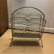 Midcentury Modern Brass Gold Wood Panel Magazine Rack Record Holder MCM VTG
