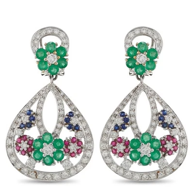 18K White Gold 1.85ct Diamond, Sapphire, Ruby, and Emerald Earrings - Image 1 of 4