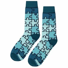 NWT Jigsaw Puzzle Dress Socks Novelty Men 8-12 Blue Crazy Fun Sockfly