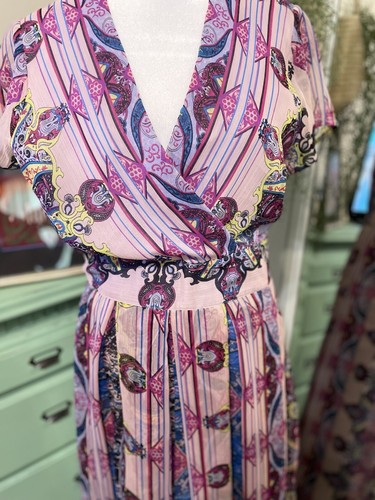J Peterman Size 10 Chiffon Block Print Midi Dress Scarf Thin Lined Side Zipper - Picture 2 of 16