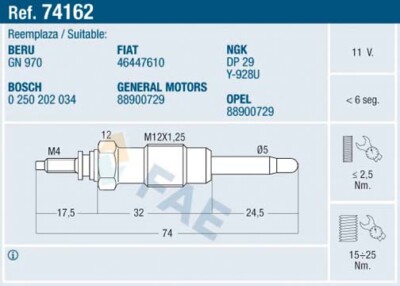 FAE 74162 Glow Plug for Fiat, Lancia