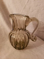 Small Hand Blown Ribbed Smokey Clear Water Pitcher with Applied Handle