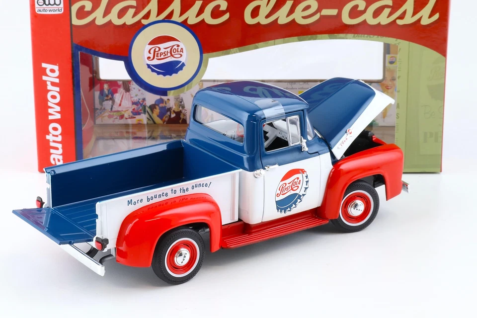 1:18 Auto World 1956 Ford F-100 Pick-Up Pepsi Cola Blu/Bianco/Rosso - Immagine 4 di 4