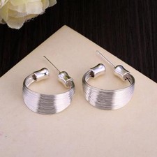 Women's 925 Sterling Silver Multi-Line 21mm Small Hoop Stud Vogue Earrings