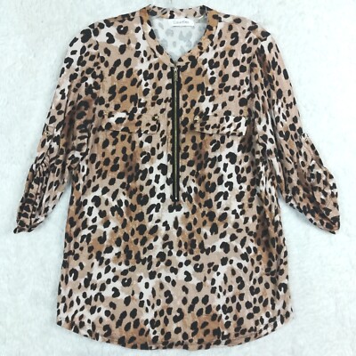 Calvin Klein Womens Blouse Top Half Zip Cheetah Print 3/4 Roll Tab Sleeve M