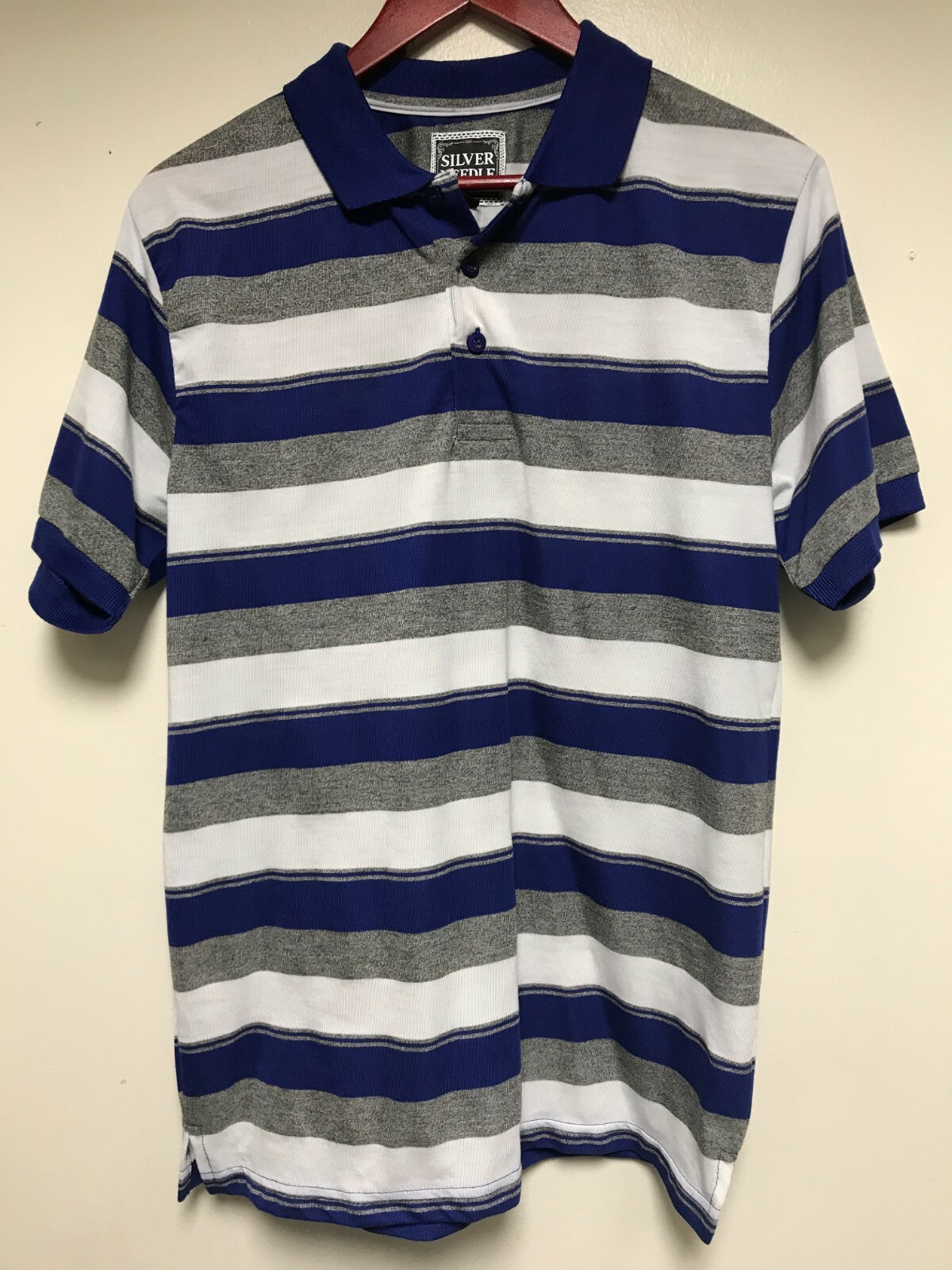 Polo Shirt Silver Needle Sleeve Men's Size Large Blue/Silver/White-image