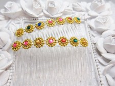 Aztec Golden Circles Multi Color Rhinestones side hair comb pair Rainbow Combs