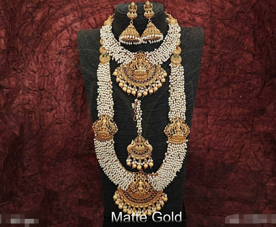 Bollywood Style South Indian Matt Finish Gold Plated Haram Choker Jewelry Set - Image 2 of 4