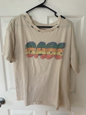 Canvas Women's Distressed Graphic Print T-Shirt Beige Crew Neck Size S