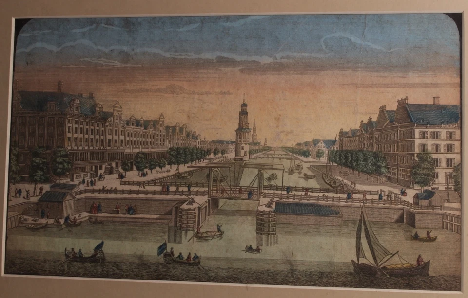Amsterdam engraving artwork harbour view orig 18thC Handcolored many figures .  - Image 4 of 4