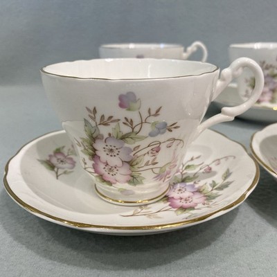 6 Vintage Royal Stuart Apfelblüte Fine Bone China Goldrand Teetasse & Untertasse