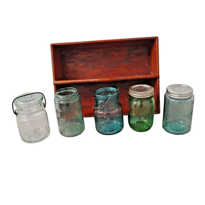 Antique Antique Wooden Tray & Mason Jar Collection Rustic Farmhouse