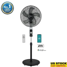 Smart 16in DC Pedestal Fan 12 Speeds WiFi Remote Timer Adjustable Height Black