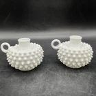 2 Vtg Fenton Hobnail Milk Glass Finger Loop Candle Holders 3 1/2” T