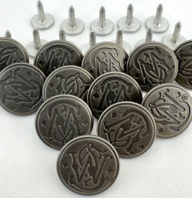 12 Smith and Wesson (S&W) Round Buttons Tack / Rivet Style Brushed Nickel Silver