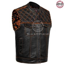 Men's Black Leather Motorcycle Vest Diamond Orange Stitch Braided Vest