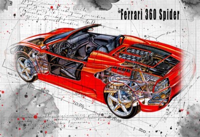Line Tech Zeichnung Ferrari 360 Spider Cutaway Kunst Posterdruck