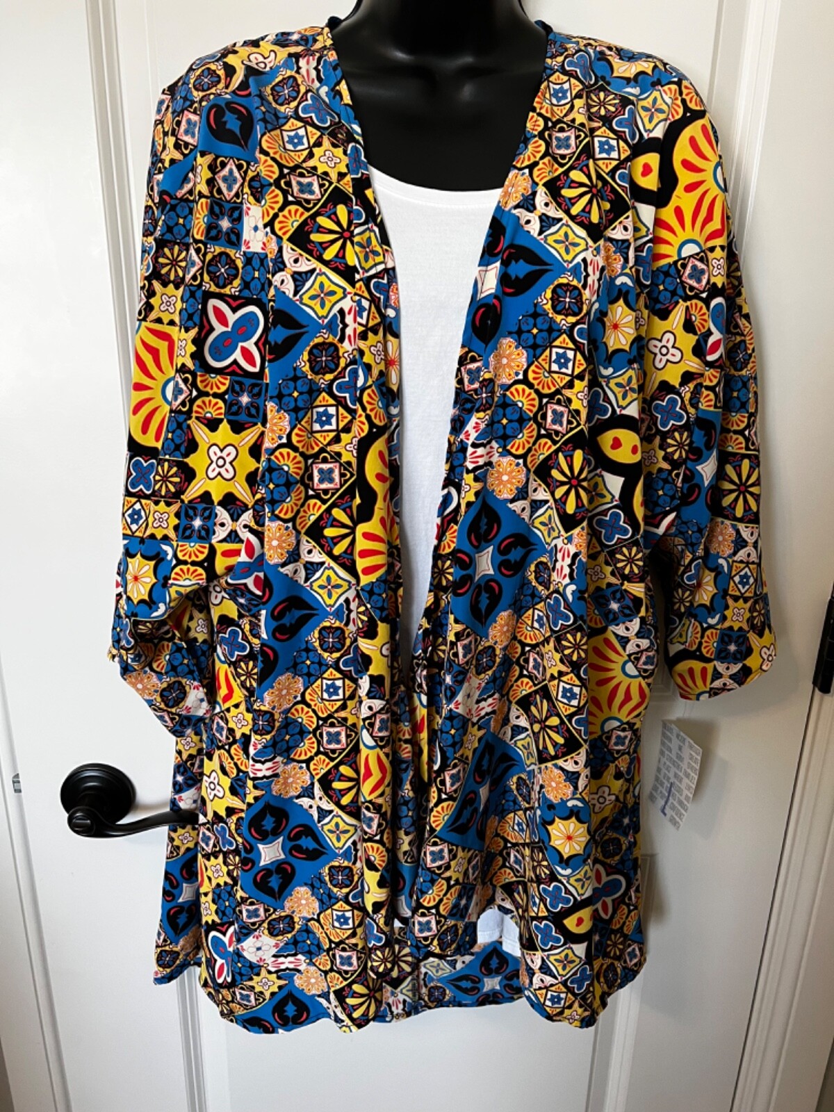 LULAROE Lindsay Blue Yellow Coral Cover-Up Duster Kimono Beach Swim Play NWT  -image