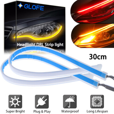 2X 30CM Slim Flow Amber Red Dynamic Flexible LED DRL Turn Signal Strip Headlight
