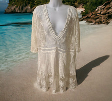 ComfyLuxe Beige Sheer Lace Mesh Top Romantic Beach Swimsuit Cover Up One Size