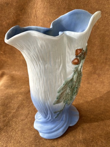 Weller Roba 1930s Vintage Art Pottery Oak Leaf And Acorns Blue Ceramic 12" Vase - Picture 8 of 24