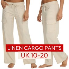 Womens Linen Lightweight Beige Pants Cargo Style Trousers Long Bottoms UK 10-20