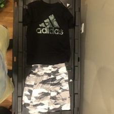 Adidas Little Boys Shorts Shirt Outfit Black White gray camo 2 Piece Set 4 5