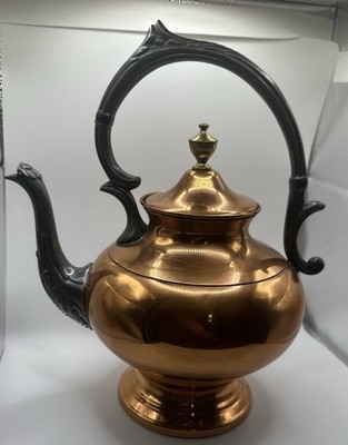 Vintage Copper Coffee Tea Pot Black Handle Spout Brass Finial 1920s