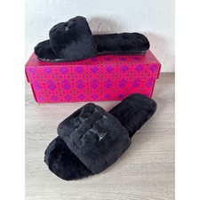 Tory Burch Black/Gold Double T Shearling Slide Slippers 8 M Leather Logo NIB